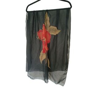 SWIM by Chuck Handy Black Sheer Hibiscus Hand Painted Sarong Wrap Coverup 60x27